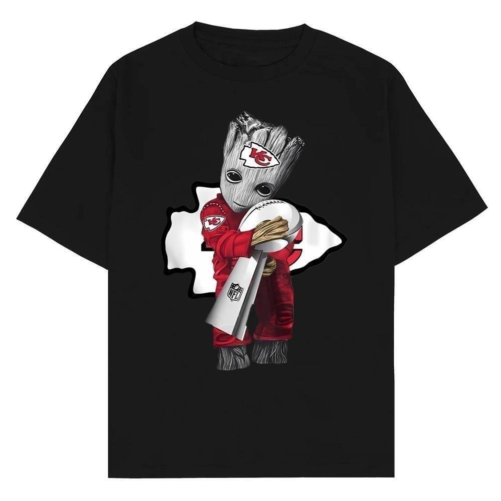 Baby Groot Hug Kansas City Chiefs Super Bowl Graphic Fan Apparel Retro T-Shirt